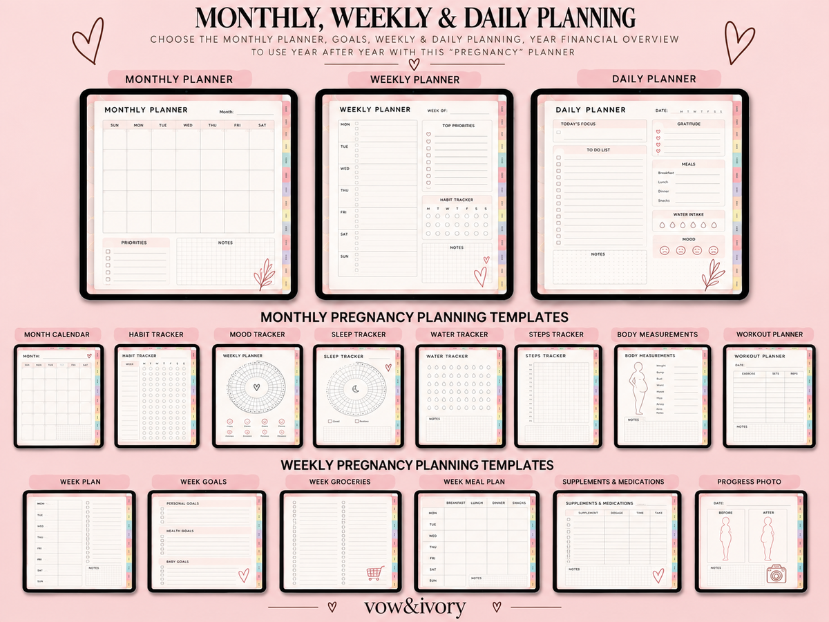 Pregnancy Planner Ultimate | 500+Pages Interactive Bundle+GoodNotes Sticker Suite.