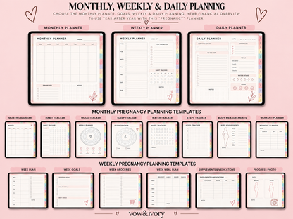 Pregnancy Planner Ultimate | 500+Pages Interactive Bundle+GoodNotes Sticker Suite.
